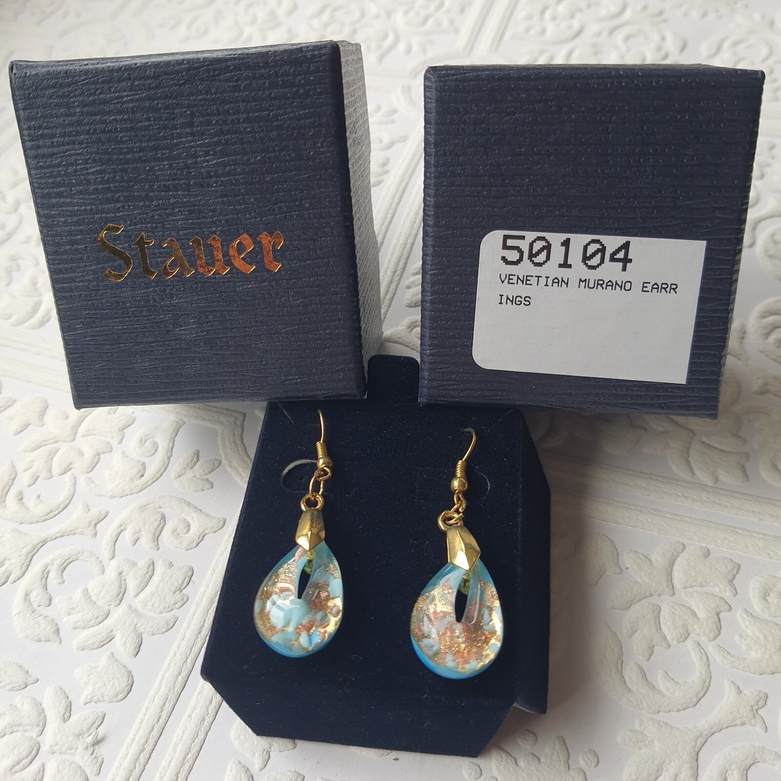 Stauer Venetian Murano Glass Teardrop Dangle Blue Glass Gold Flake Earrings
